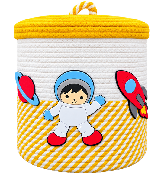 Jutepie Kids Storage Basket with Lid – Rainbow & Space Theme, Woven Rope Toy Organizer, 10 × 10 × 10 Inch