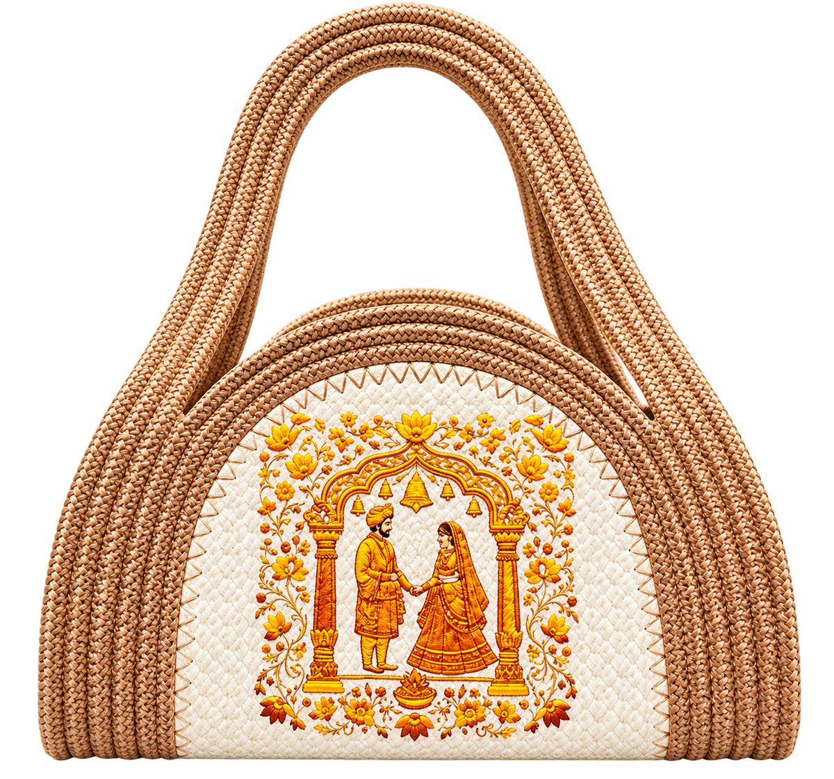 Handmade Traditional Tote Bag with Indian Wedding Design | Braided Rope Handbag for Women | Ethnic & Stylish Carry Bag-11x11 inch