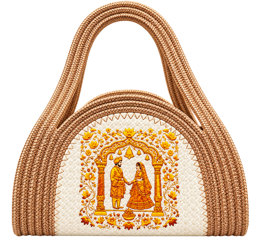 Handmade Traditional Tote Bag with Indian Wedding Design | Braided Rope Handbag for Women | Ethnic & Stylish Carry Bag