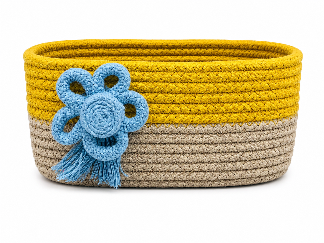 Handmade Braided Cotton Rope Storage Basket with Floral Design-8x8x4 inch