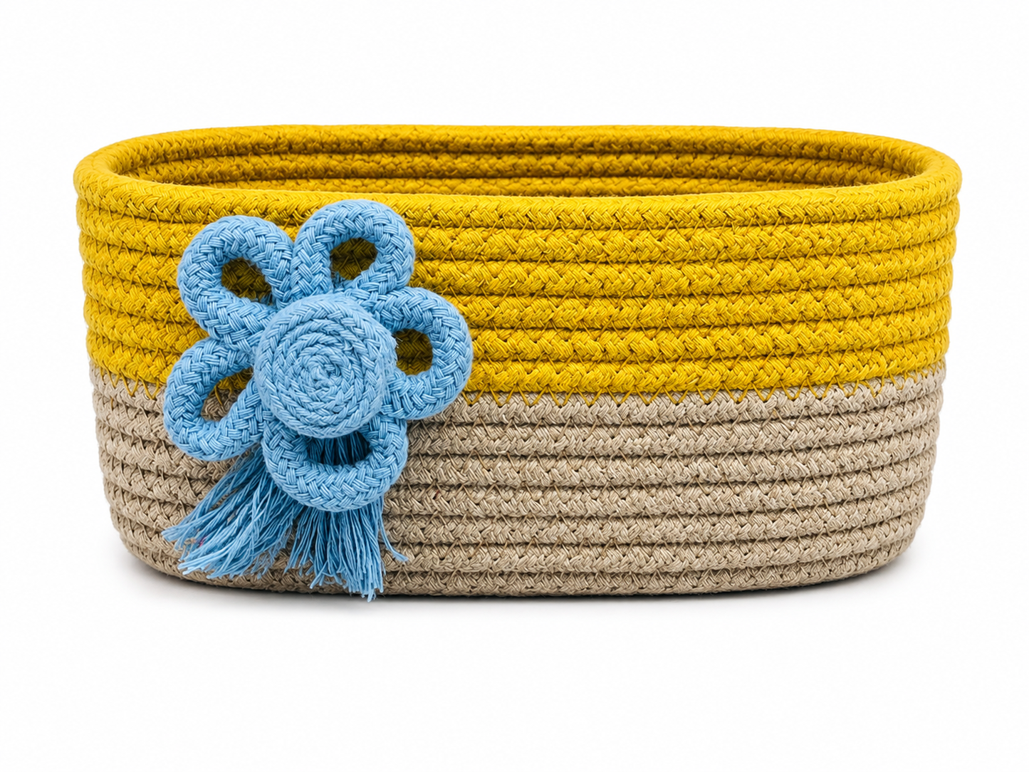 Handmade Braided Rope Storage Basket with Decorative Flower Design – Yellow & Beige