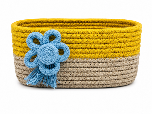 Handmade Braided Rope Storage Basket with Decorative Flower Design – Yellow & Beige
