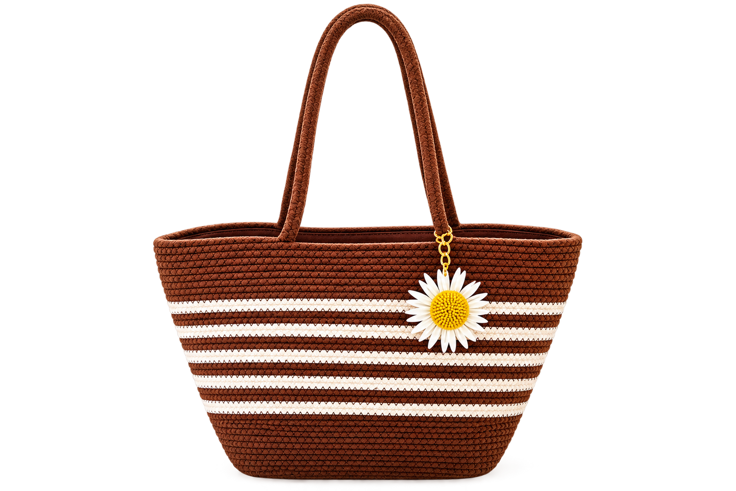 Handcrafted Brown & White Striped Woven Tote Bag with Daisy Charm
