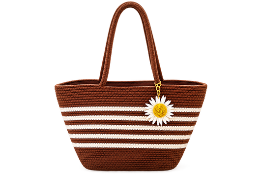 Handcrafted Brown & White Striped Woven Tote Bag with Daisy Charm