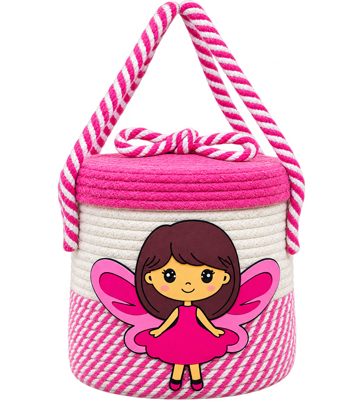 Pink Fairy Handmade Rope Storage Basket with Lid | Cute Kids Toy Organizer & Gift Basket