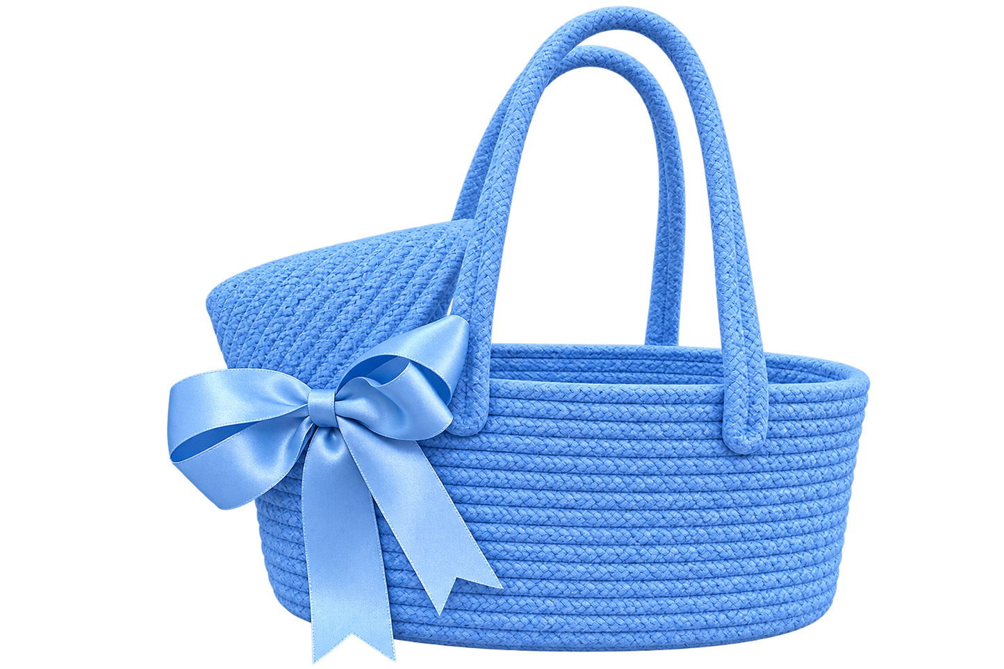 Sky Blue Woven Basket Bag with Satin Bow – Stylish Handmade Tote for Gifts & Home Décor