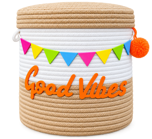 Good Vibes Decorative Rope Storage Basket with Lid | Colorful Hanging Bunting Organizer