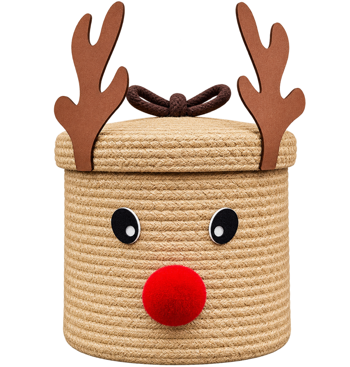 Reindeer Jute Storage Basket with Lid – Cute Christmas Home Decor & Organizer 🦌🎄