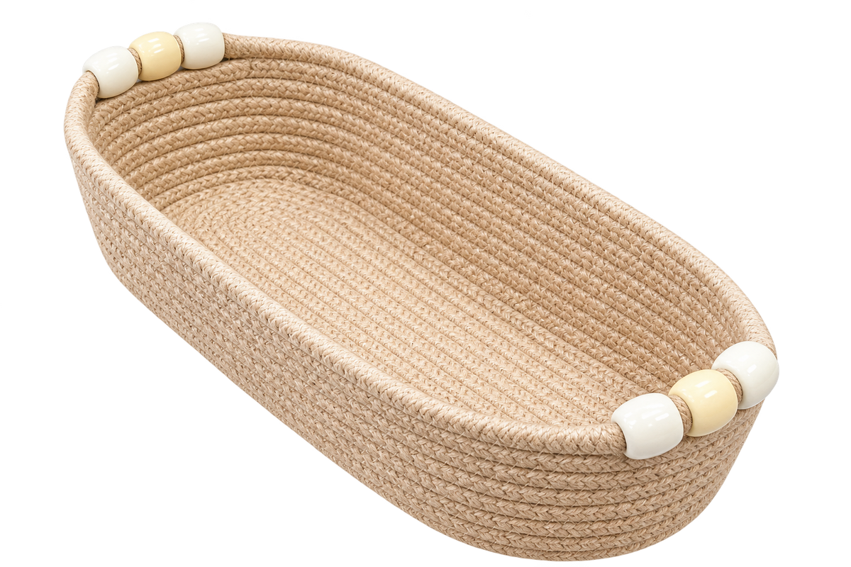 Natural Jute Rope Woven Storage Basket with Beaded Handles | Multipurpose Decorative Organizer