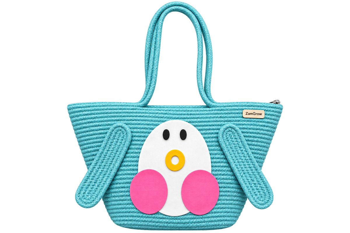 Cute Penguin Braided Cotton Tote Bag for Kids & Girls-11x16 inch