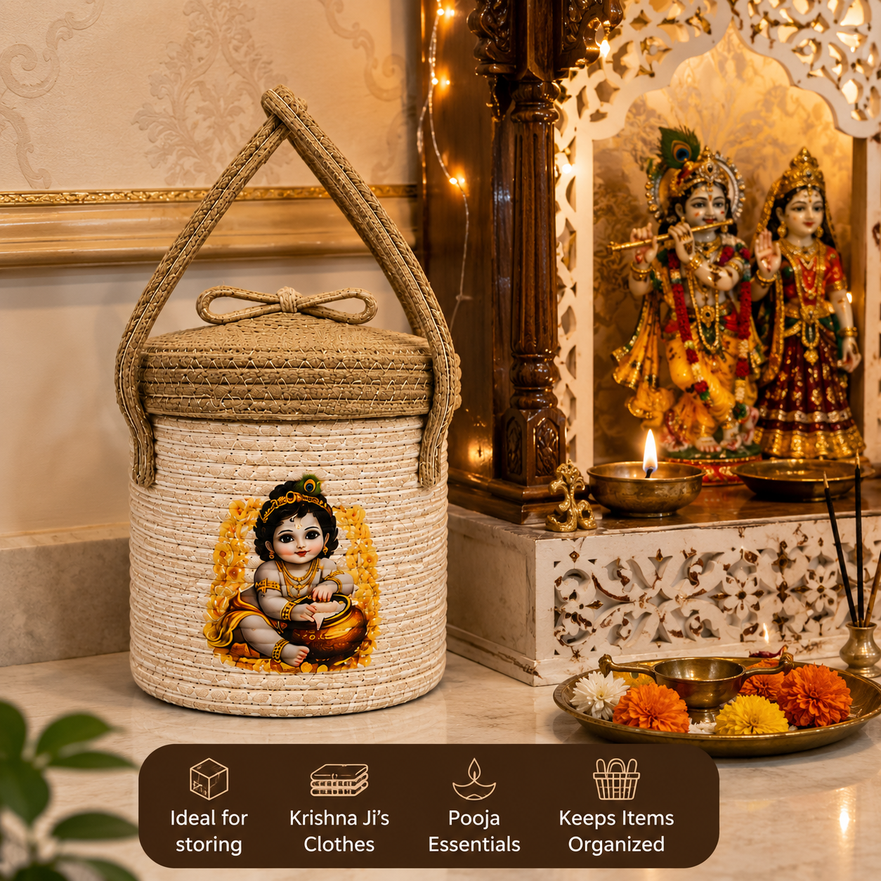 Jutepie Krishna Ji Jute Basket – Handmade Decorative Storage Basket with Lid