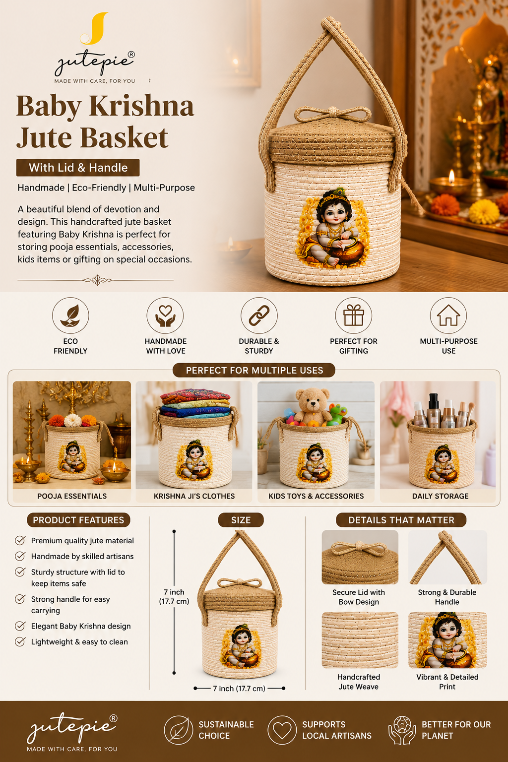 Jutepie Krishna Ji Jute Basket – Handmade Decorative Storage Basket with Lid
