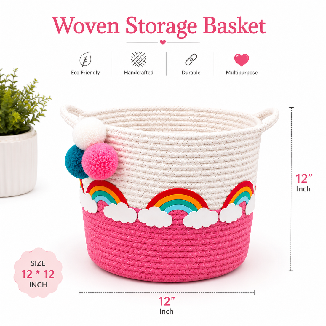 Rainbow Dreams Pink & White Woven Storage Basket for Kids | Toy & Nursery Organizer | 12 × 12 Inch
