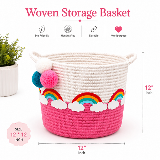 Rainbow Dreams Pink & White Woven Storage Basket for Kids | Toy & Nursery Organizer | 12 × 12 Inch