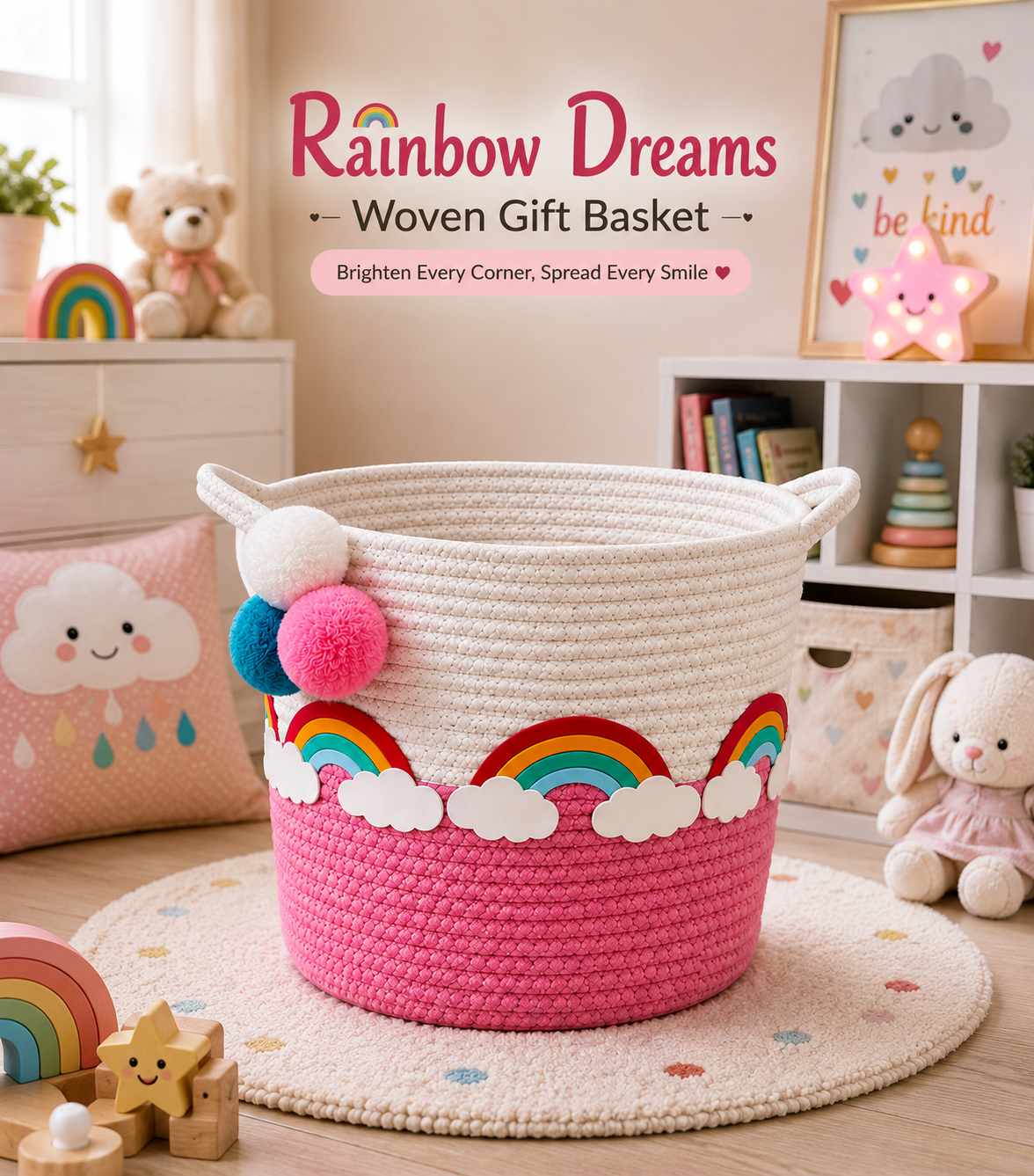 Rainbow Dreams Pink & White Woven Storage Basket for Kids | Toy & Nursery Organizer | 12 × 12 Inch