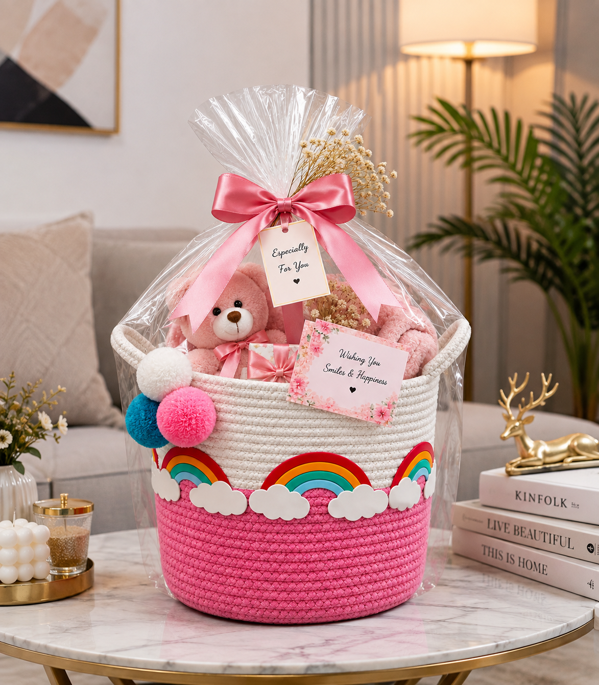 Rainbow Dreams Pink & White Woven Storage Basket for Kids | Toy & Nursery Organizer | 12 × 12 Inch
