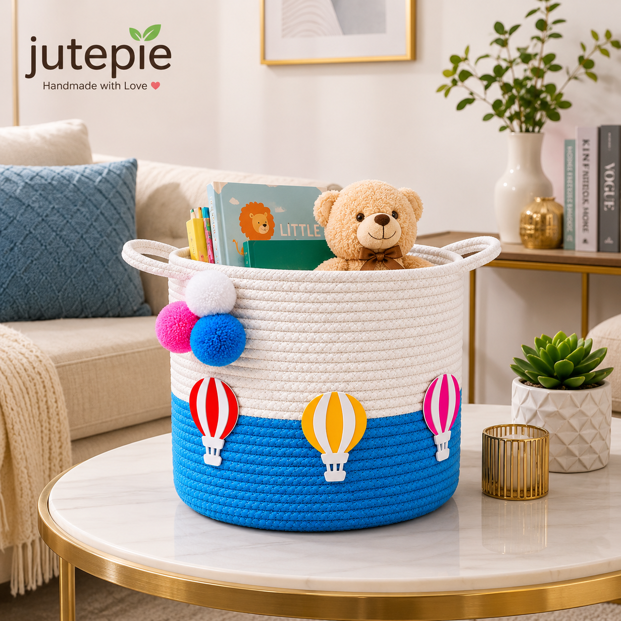 Kids Storage Basket 12×12 Inch | Handmade Cotton Rope Toy Organizer | Blue Balloon Design for Kids Room
