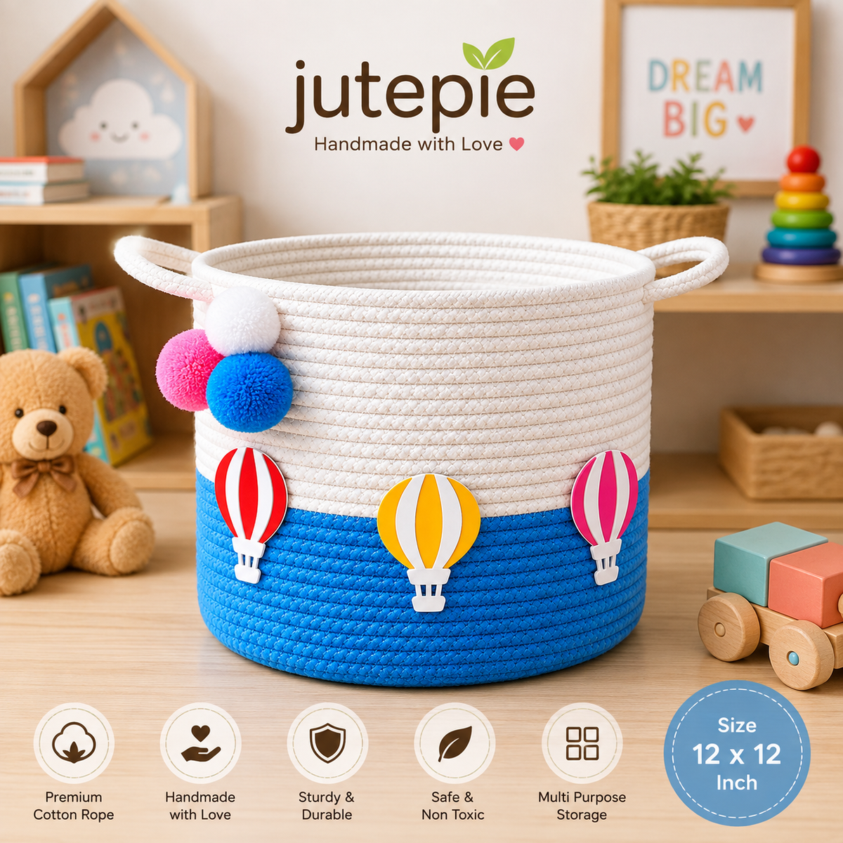 Kids Storage Basket 12×12 Inch | Handmade Cotton Rope Toy Organizer | Blue Balloon Design for Kids Room