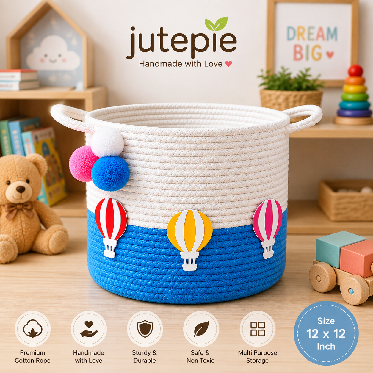 Kids Storage Basket 12×12 Inch | Handmade Cotton Rope Toy Organizer | Blue Balloon Design for Kids Room