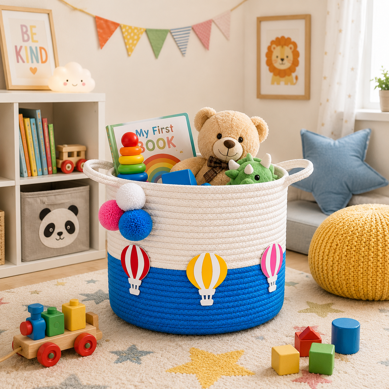 Kids Storage Basket 12×12 Inch | Handmade Cotton Rope Toy Organizer | Blue Balloon Design for Kids Room