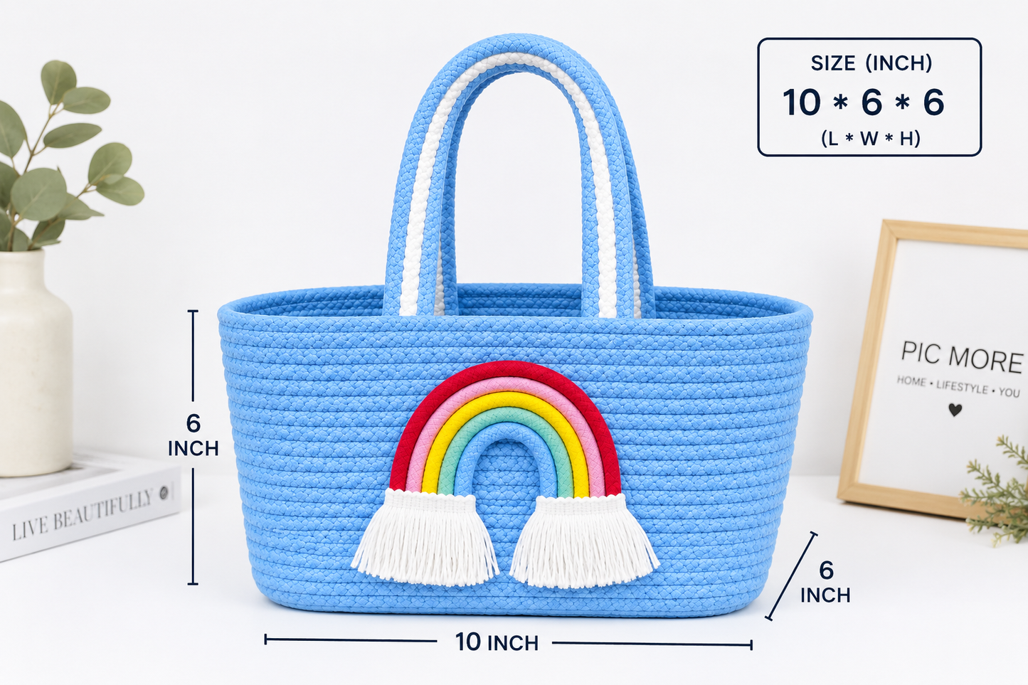 Jutepie Rainbow Rope Tote Bag – Handmade Braided Cotton Bag with Tassels | 10 × 6 × 6 Inch | Multiple Colors