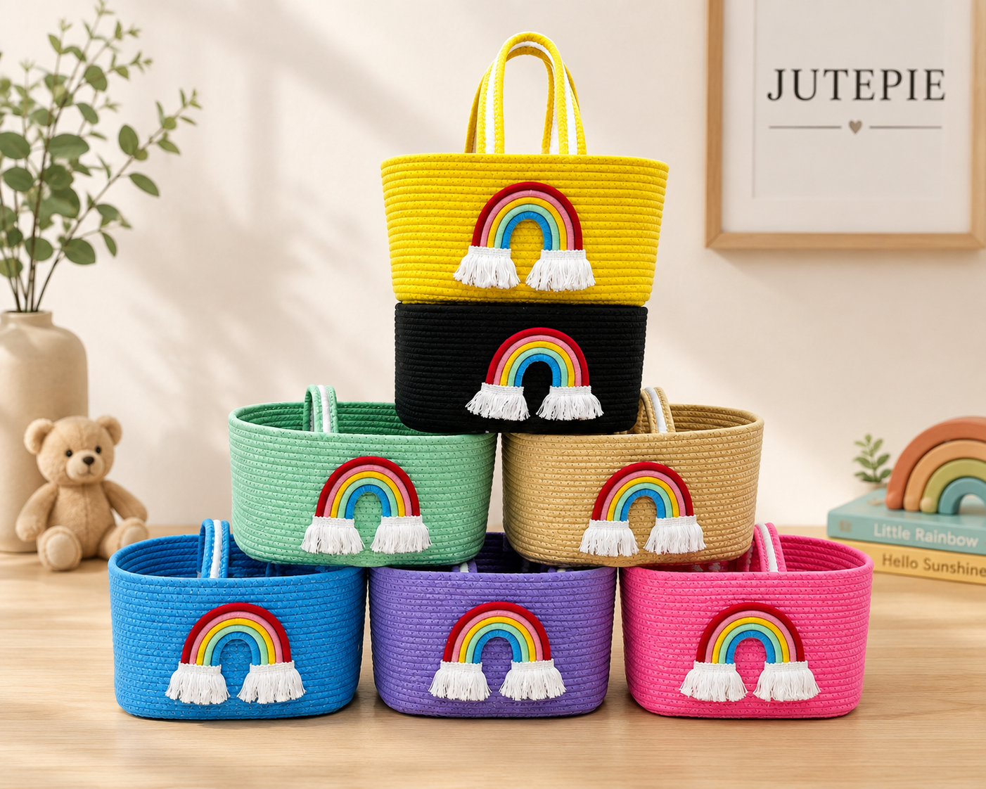 Jutepie Rainbow Rope Tote Bag – Handmade Braided Cotton Bag with Tassels | 10 × 6 × 6 Inch | Multiple Colors