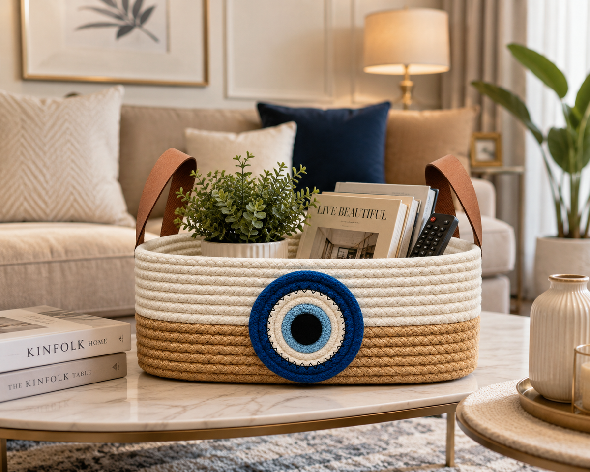 Handmade Rope Storage Basket with Nazar Design | Braided Organizer Basket with Handles | Stylish Home & Nursery Decor-4x10 inch