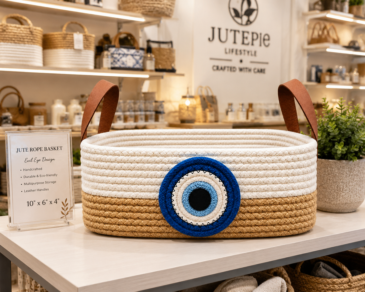 Handmade Rope Storage Basket with Nazar Design | Braided Organizer Basket with Handles | Stylish Home & Nursery Decor-4x10 inch