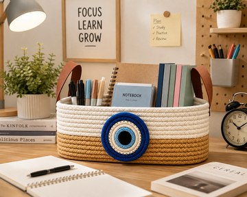 Handmade Rope Storage Basket with Nazar Design | Braided Organizer Basket with Handles | Stylish Home & Nursery Decor-4x10 inch