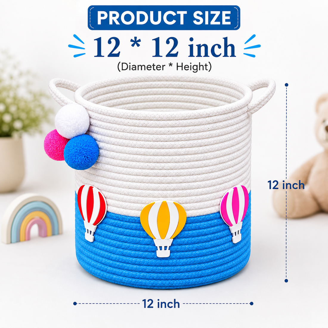Kids Storage Basket 12×12 Inch | Handmade Cotton Rope Toy Organizer | Blue Balloon Design for Kids Room