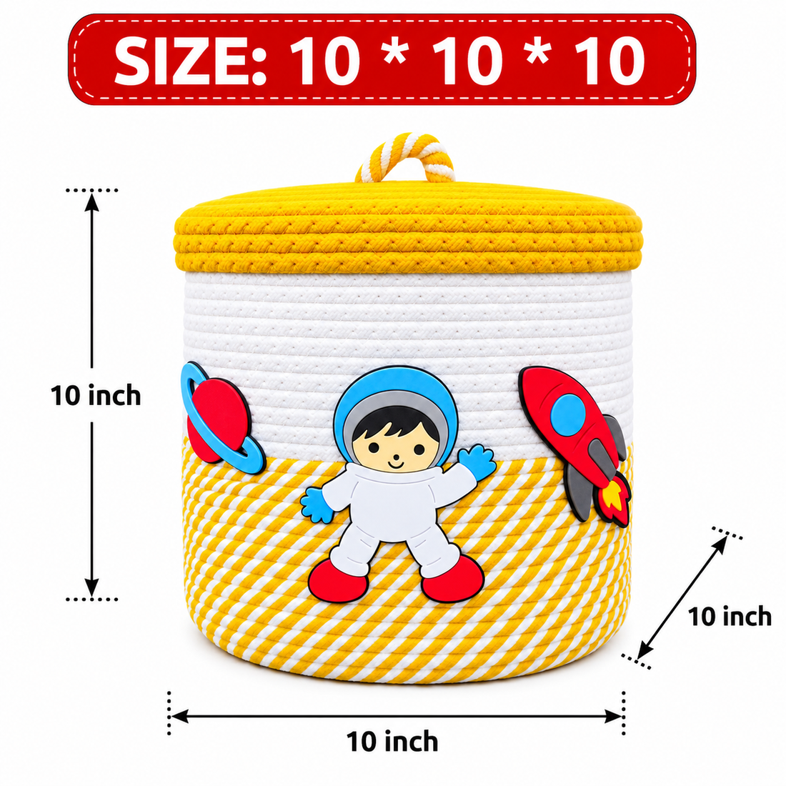 Jutepie Kids Storage Basket with Lid – Rainbow & Space Theme, Woven Rope Toy Organizer, 10 × 10 × 10 Inch