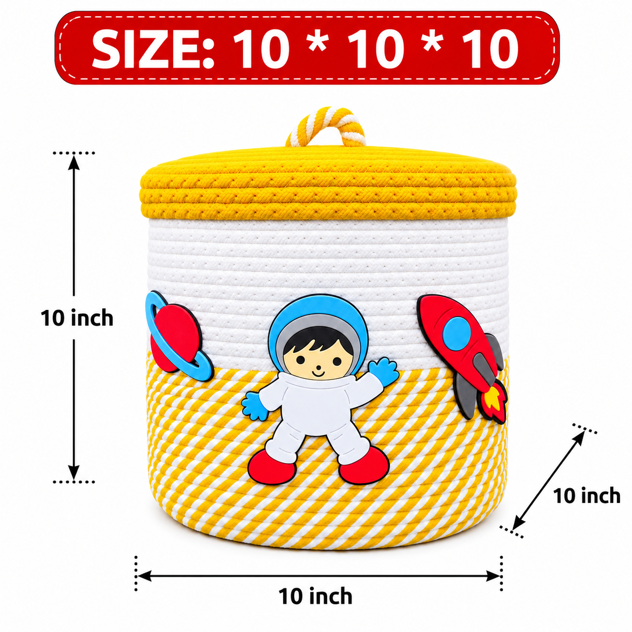 Jutepie Kids Storage Basket with Lid – Rainbow & Space Theme, Woven Rope Toy Organizer, 10 × 10 × 10 Inch