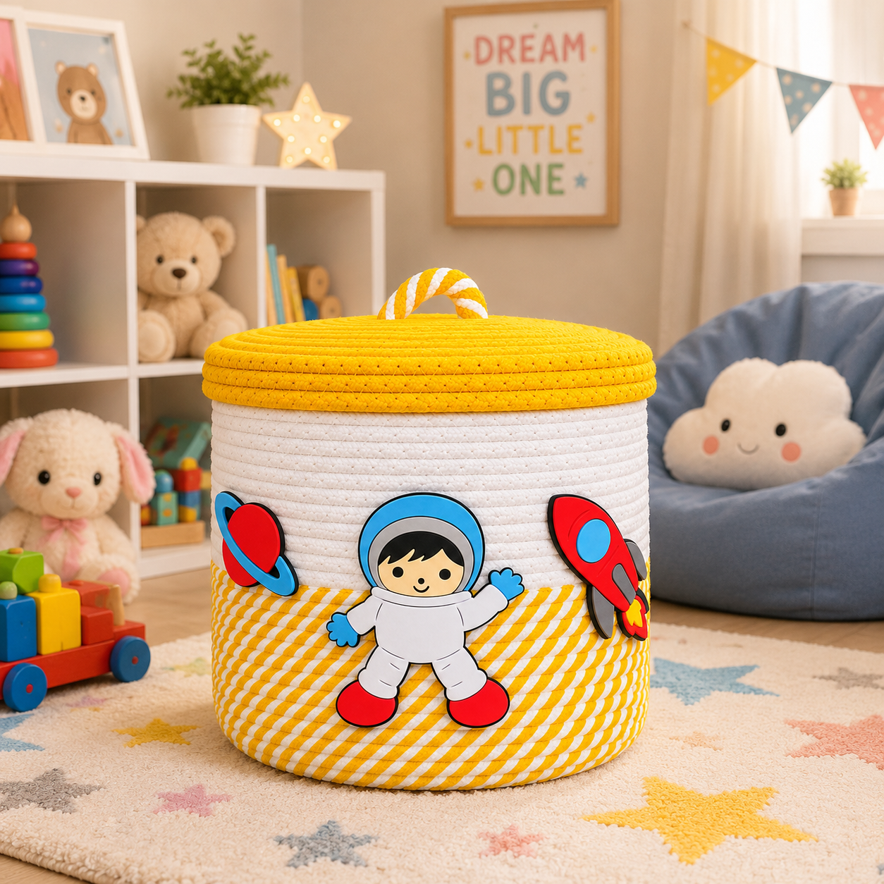 Jutepie Kids Storage Basket with Lid – Rainbow & Space Theme, Woven Rope Toy Organizer, 10 × 10 × 10 Inch