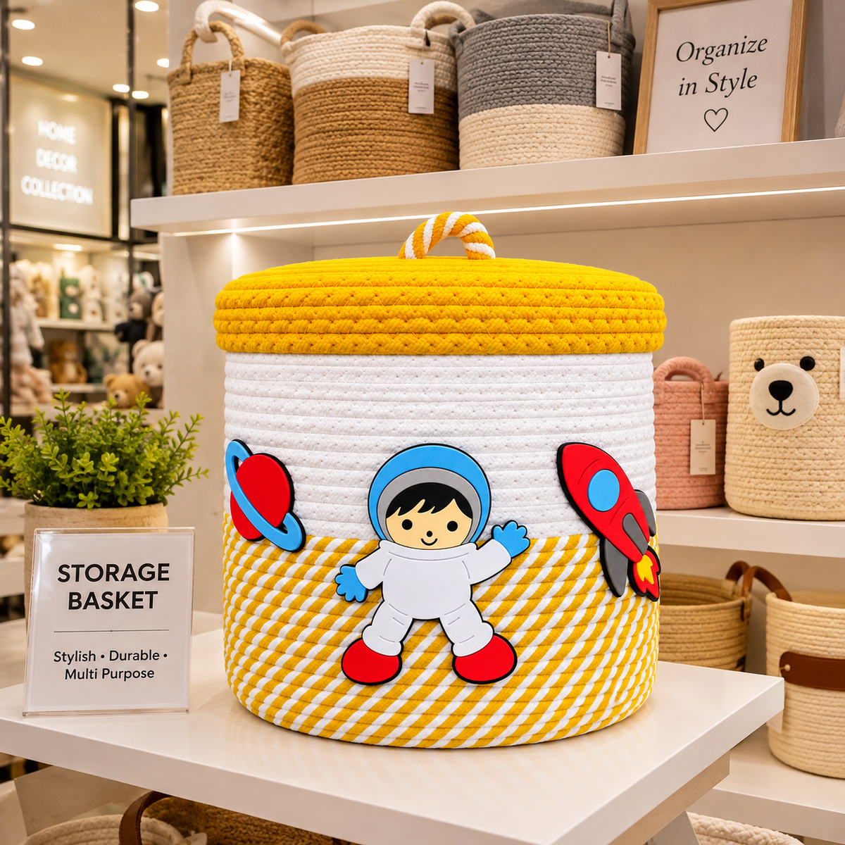 Handmade Kids Storage Basket with Space Theme | Astronaut, Rocket & Planet Toy Organizer | Nursery & Kids Room Decor-10x10 inch