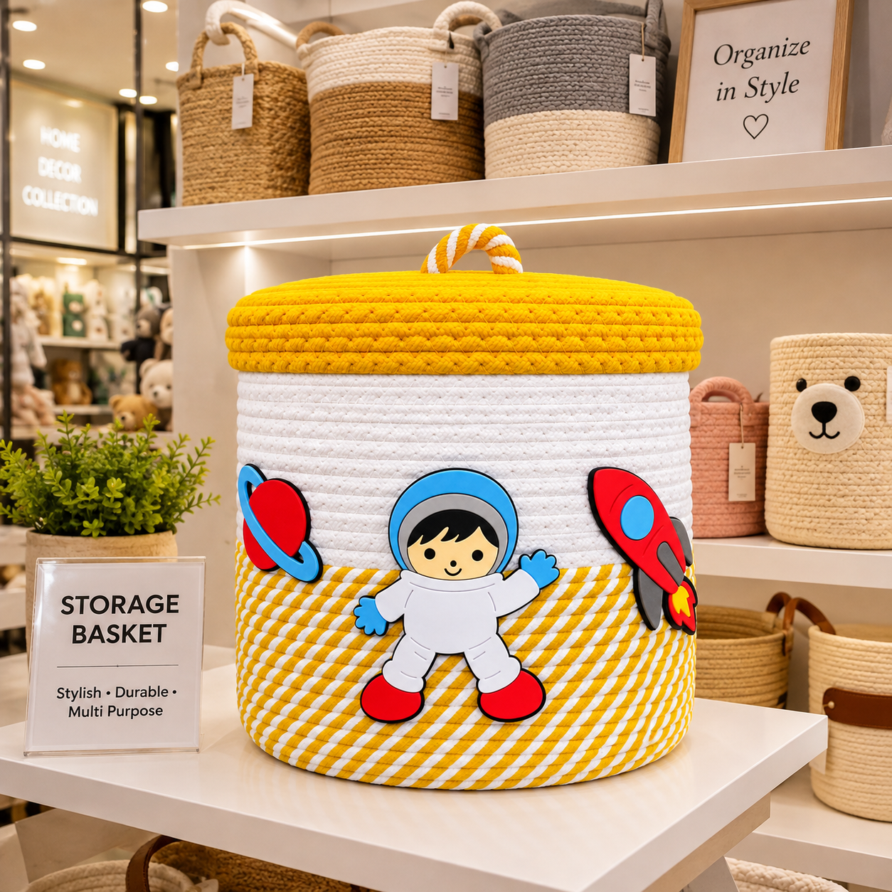 Jutepie Kids Storage Basket with Lid – Rainbow & Space Theme, Woven Rope Toy Organizer, 10 × 10 × 10 Inch
