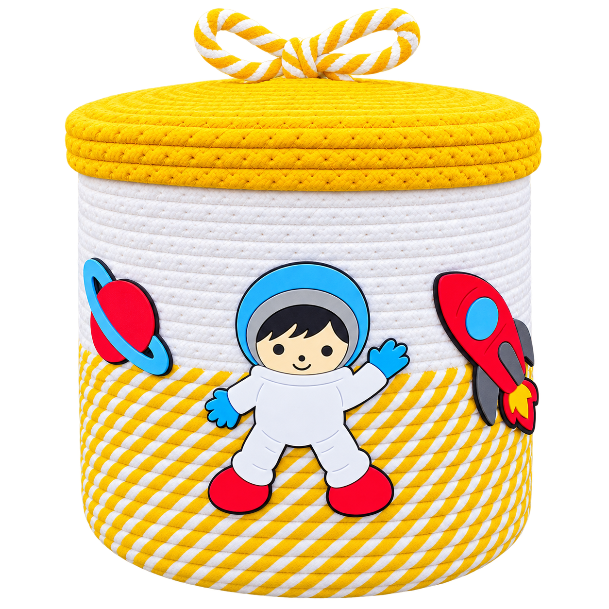 Jutepie Kids Storage Basket with Lid – Rainbow & Space Theme, Woven Rope Toy Organizer, 10 × 10 × 10 Inch