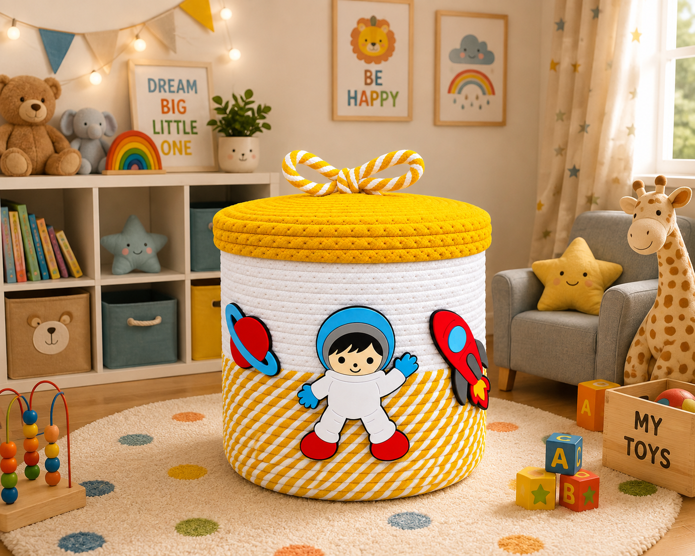 Jutepie Kids Storage Basket with Lid – Rainbow & Space Theme, Woven Rope Toy Organizer, 10 × 10 × 10 Inch