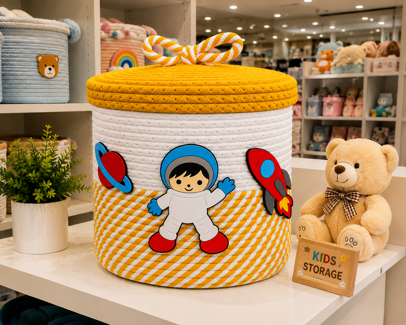 Jutepie Kids Storage Basket with Lid – Rainbow & Space Theme, Woven Rope Toy Organizer, 10 × 10 × 10 Inch