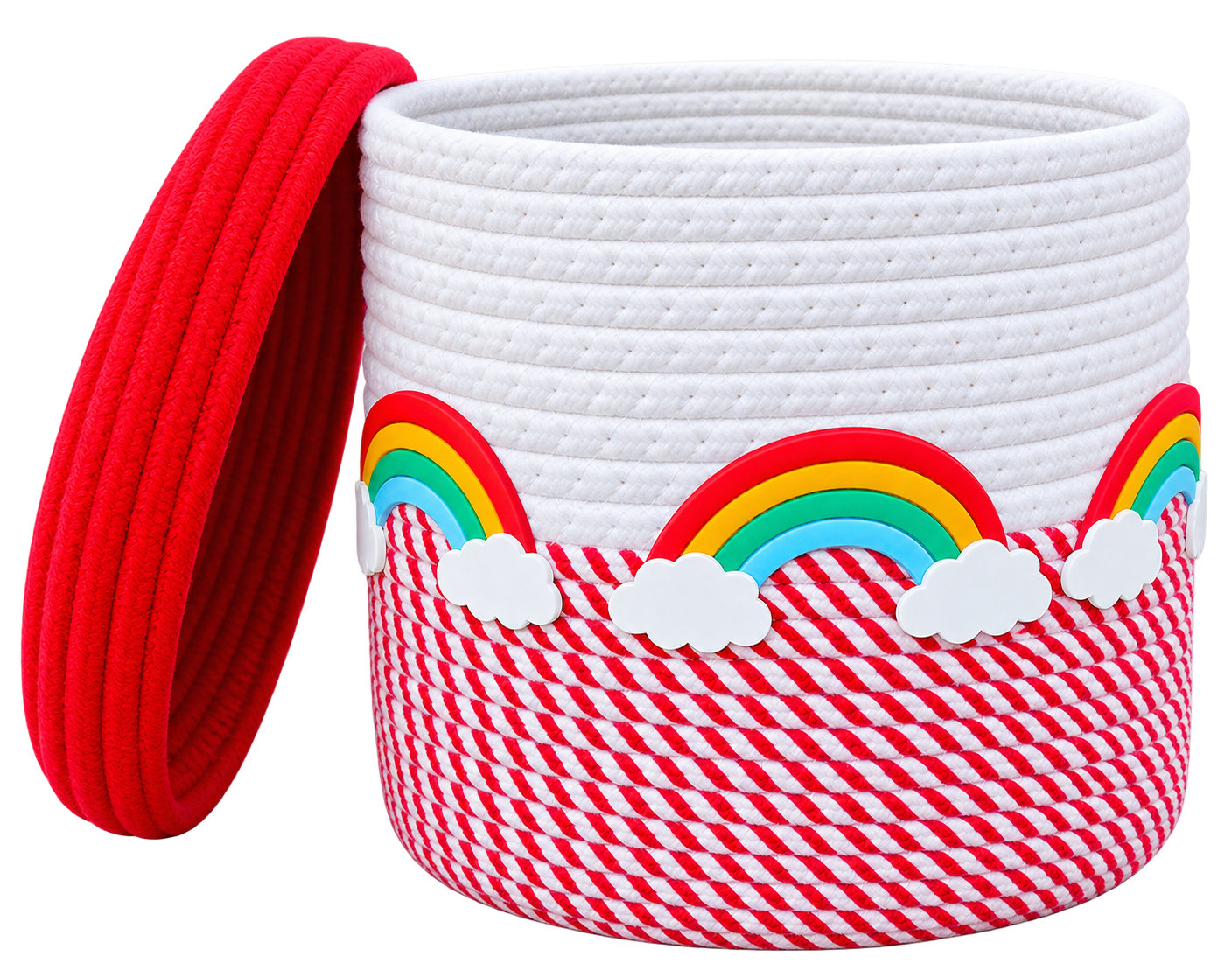 Jutepie Kids Storage Basket with Lid – Rainbow & Space Theme, Woven Rope Toy Organizer, 10 × 10 × 10 Inch