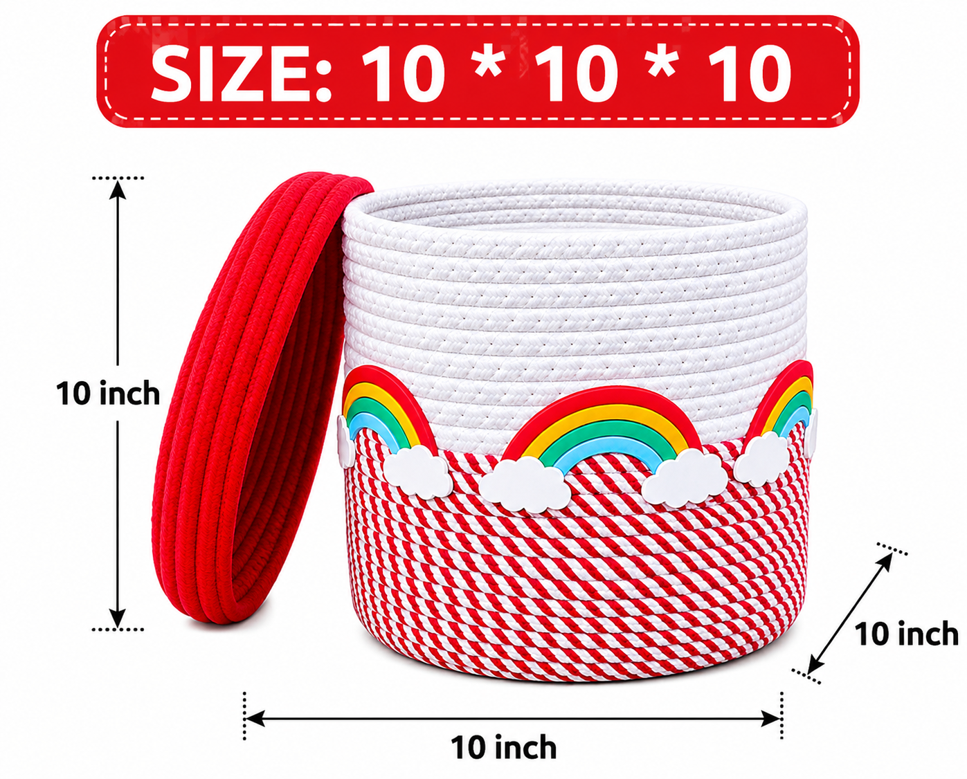 Jutepie Kids Storage Basket with Lid – Rainbow & Space Theme, Woven Rope Toy Organizer, 10 × 10 × 10 Inch