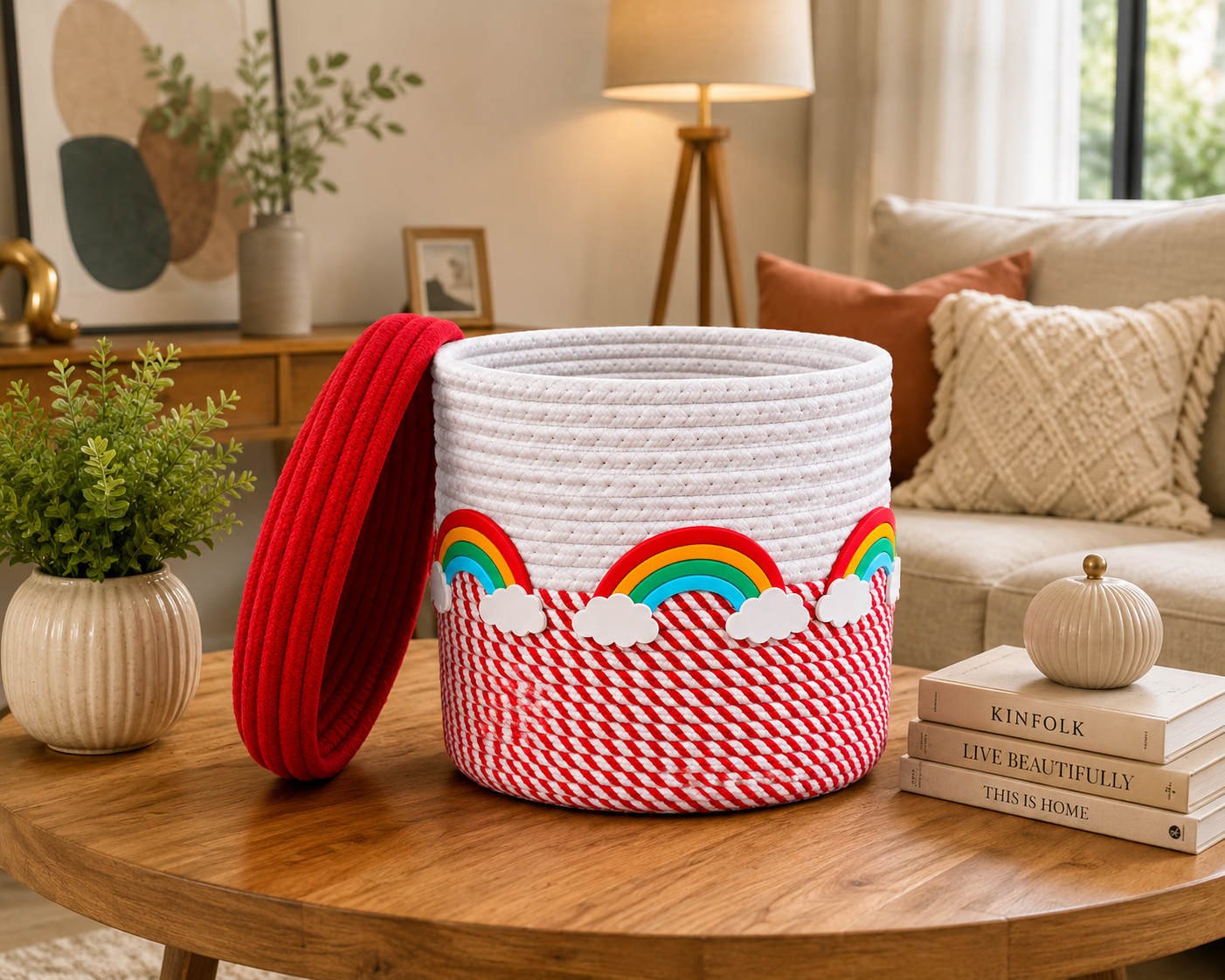 Jutepie Kids Storage Basket with Lid – Rainbow & Space Theme, Woven Rope Toy Organizer, 10 × 10 × 10 Inch