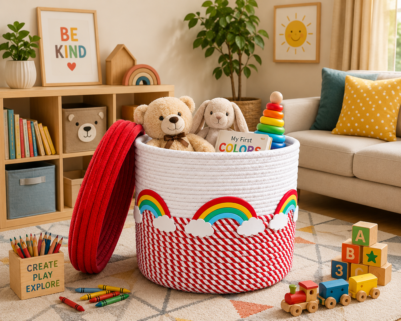 Jutepie Kids Storage Basket with Lid – Rainbow & Space Theme, Woven Rope Toy Organizer, 10 × 10 × 10 Inch