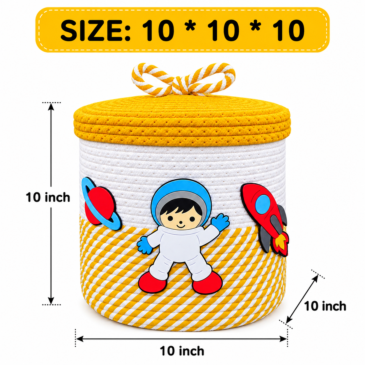 Jutepie Kids Storage Basket with Lid – Rainbow & Space Theme, Woven Rope Toy Organizer, 10 × 10 × 10 Inch