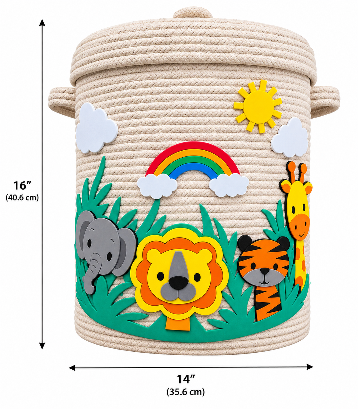 Jungle Theme Kids Rope Storage Basket with Lid | Handmade Safari Animal Toy & Clothes Organizer | Decorative Nursery Storage Basket | Elephant Lion Tiger Giraffe Design | 14 × 16 × 16