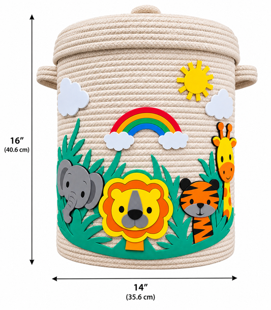 Jungle Theme Kids Rope Storage Basket with Lid | Handmade Safari Animal Toy & Clothes Organizer | Decorative Nursery Storage Basket | Elephant Lion Tiger Giraffe Design | 14 × 16 × 16