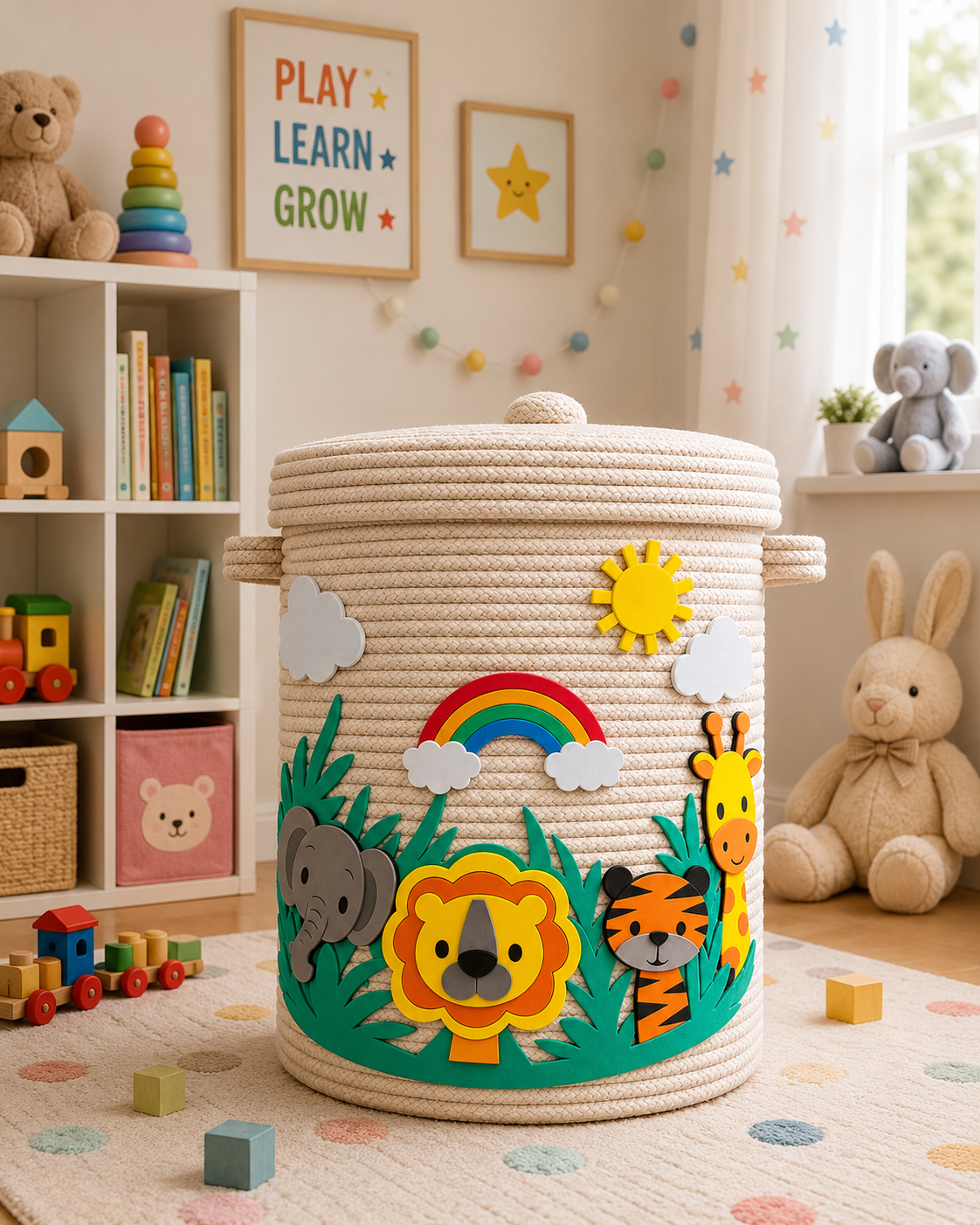 Jungle Theme Kids Rope Storage Basket with Lid | Handmade Safari Animal Toy & Clothes Organizer | Decorative Nursery Storage Basket | Elephant Lion Tiger Giraffe Design | 14 × 16 × 16
