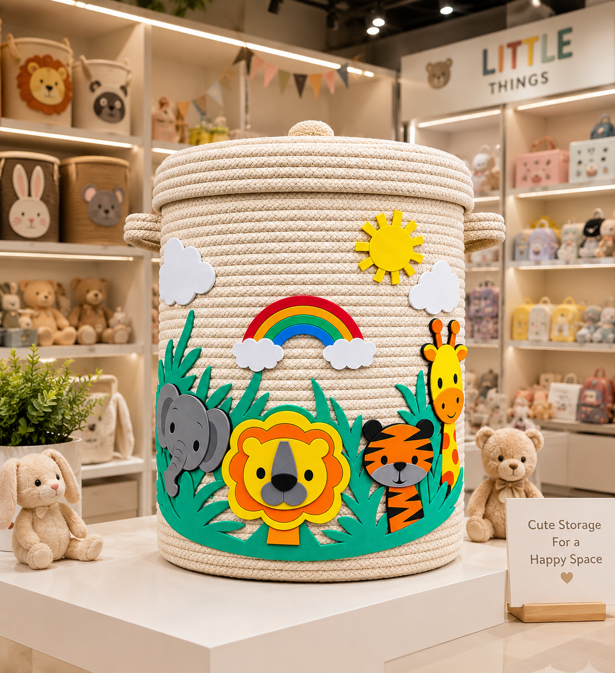Jungle Theme Kids Rope Storage Basket with Lid | Handmade Safari Animal Toy & Clothes Organizer | Decorative Nursery Storage Basket | Elephant Lion Tiger Giraffe Design | 14 × 16 × 16