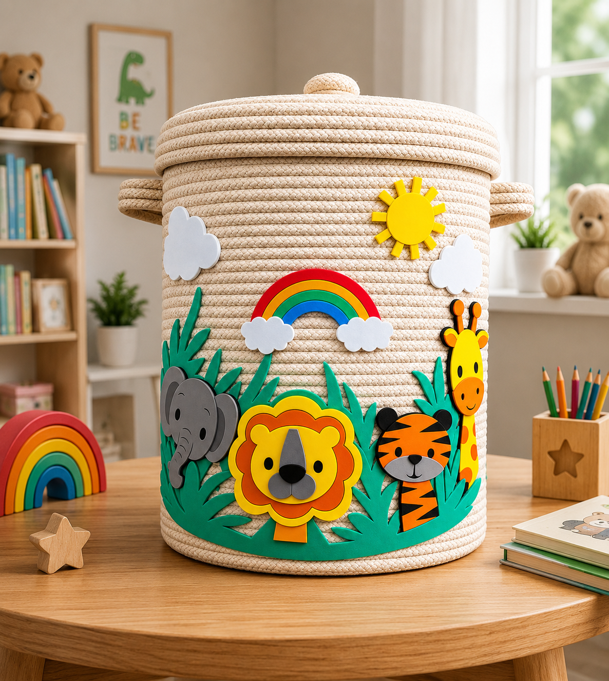 Jungle Theme Kids Rope Storage Basket with Lid | Handmade Safari Animal Toy & Clothes Organizer | Decorative Nursery Storage Basket | Elephant Lion Tiger Giraffe Design | 14 × 16 × 16