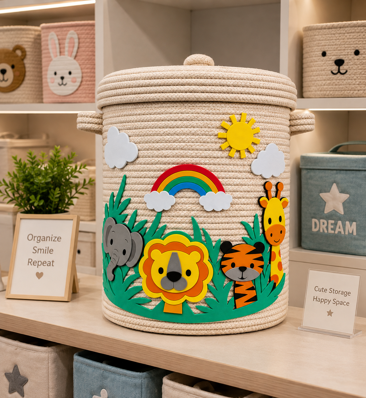 Jungle Theme Kids Rope Storage Basket with Lid | Handmade Safari Animal Toy & Clothes Organizer | Decorative Nursery Storage Basket | Elephant Lion Tiger Giraffe Design | 14 × 16 × 16