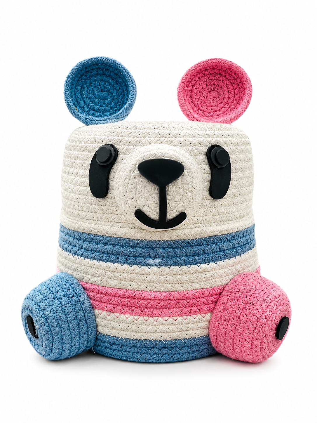 Handmade Jute Rope Bear Storage Basket for Kids | Cute Blue & Pink Toy Organizer | Animal-Shaped Basket for Nursery, Playroom & Home Decor